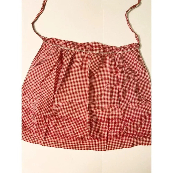 Vintage Red and White Pattern Half Apron One Pocket 18  Inch Long Tie Back - Picture 10 of 12
